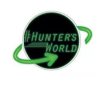 Logo with the text 'Hunter's World' and a green arrow circling a black circle.
