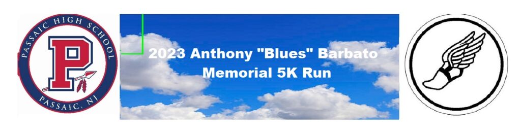 Banner for Anthony "Blues" B Memorial 5K Run with blue sky background.