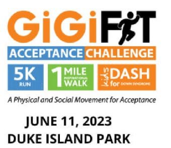 Event banner for GiGi Fit Acceptance Challenge with 5K run and 1 mile walk.