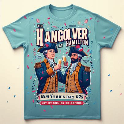 A colorful Hamilton-themed hangover recovery t-shirt with cartoon characters.